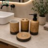 4-Piece Rustic Ceramic Bathroom Accessories Set 1 4-Piece Rustic Ceramic Bathroom Accessories Set with Woodgrain Texture, Matte Black Soap Dispenser, Toothbrush Holder, Tumbler and Soap Dish