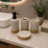 Ribbed Ceramic Bathroom Accessories Set 2 4-Piece Rustic Ceramic Bathroom Accessories Set with Woodgrain Texture, Matte Black Soap Dispenser, Toothbrush Holder, Tumbler and Soap Dish