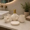 Modern Sculptural Ceramic Bathroom Accessories Set 4-Piece 2 Modern Sculptural Ivory White Ceramic Bathroom Accessories Set with Gold Soap Dispenser, Toothbrush Holder, Tumbler and Soap Dish