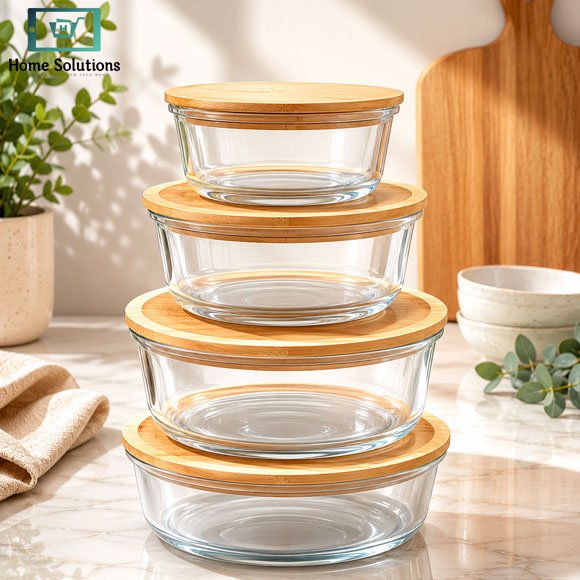 Airtight Glass Storage Bowl Set 4 Pcs with Wooden Lids - Round 2 Airtight glass storage bowl set with wooden lids