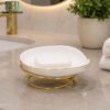 Luxury Ceramic Soap Dish with Gold Metal Stand - White 2 Luxury Glossy White Ceramic Soap Dish with Gold Rim and Gold Metal Stand for Modern Bathroom Countertops
