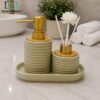 Luxury Ribbed Ceramic Bathroom Accessory Set - Green 2 Luxury Ribbed Ceramic Bathroom Accessory Set with Soap Dispenser, Reed Diffuser, Bamboo Lids and Matching Tray