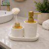 Luxury Ribbed Ceramic Bathroom Accessory Set - White 2 Luxury Ribbed Ceramic Bathroom Accessory Set with Soap Dispenser, Reed Diffuser, Bamboo Lids and Matching Tray