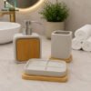 Modern Ceramic Bathroom Accessory Set - Grey 1 Modern Ceramic Bathroom Accessory Set with Bamboo Accents including Soap Dispenser, Tumbler and Divided Soap Tray