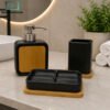 Modern Ceramic Bathroom Accessory Set - Black 2 Modern Ceramic Bathroom Accessory Set with Bamboo Accents including Soap Dispenser, Tumbler and Divided Soap Tray