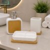 Modern Ceramic Bathroom Accessory Set - White 2 Modern Ceramic Bathroom Accessory Set with Bamboo Accents including Soap Dispenser, Tumbler and Divided Soap Tray