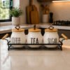 Premium 3-Piece Ceramic Jar Set with Wooden Lids & Metal Stand 1 Premium 3-Piece Ceramic Tea Coffee Sugar Jar Set with Wooden Lids and Metal Stand for Kitchen Countertop Storage