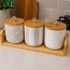 Premium Ceramic Kitchen Storage Jar Set 3 Pieces with Bamboo Stand & Crystal Lid Knobs 1 Premium 3-Piece Ceramic Kitchen Storage Jar Set with Bamboo Stand and Crystal Lid Knobs for Countertop Organization