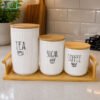 Premium Ceramic Jar Set 3 Pieces with Wooden Stand - Tea, Sugar & Coffee 1 Premium Ceramic Tea Sugar Coffee Jar Set with Wooden Stand and Wooden Lids for Kitchen Countertop Storage