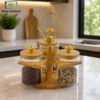Luxury Glass Storage Jar Set Trio with Wooden Stand 1 Premium Glass Condiment Jar Set with Wooden Stand, Wooden Lids, Serving Spoons and Golden Handle for Kitchen Storage