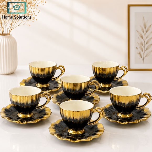 Elegant Cup & Saucer Set 6 Pcs - Black & Gold 3 Elegant black cup & saucer set gold rim