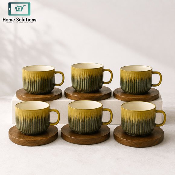 Textured Ceramic Cup & Saucer Set 6 Pcs with Wooden Saucers 3 Luxury textured ceramic cup & saucer set