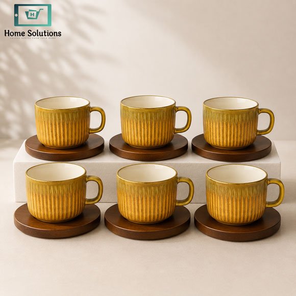 Textured Ceramic Cup & Saucer Set 6 Pcs with Wooden Saucers 2 Luxury textured ceramic cup & saucer set
