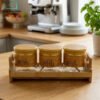 Premium Glass Spice Jar Set 3-Piece with Bamboo Lids & Wooden Tray 2 Premium 3-piece clear glass spice jar set with airtight bamboo lids and wooden tray