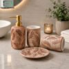 Ceramic Bathroom Accessories Set 4-Piece 1 4-Piece Ceramic Bathroom Accessories Set with Gold Soap Dispenser Pump and Embossed Leaf Design in Warm Beige