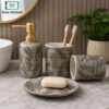 Ceramic Bathroom Accessories Set 4-Piece 1 4-Piece Ceramic Bathroom Accessories Set with Gold Soap Dispenser Pump and Embossed Leaf Design in Warm Beige