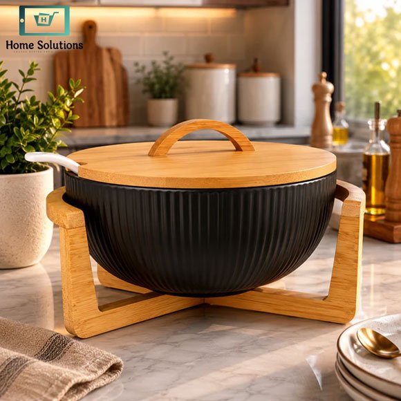 Ceramic Ribbed Serving Bowl with Bamboo Lid & Wooden Stand 3 Premium Ribbed Ceramic Serving Bowl with Natural Bamboo Lid and Wooden Stand for Salads, Fruits and Snacks