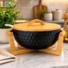 Modern Hammered Black Ceramic Serving Bowl with Wooden Lid & Stand 2 Premium Ribbed Ceramic Serving Bowl with Natural Bamboo Lid and Wooden Stand for Salads, Fruits and Snacks