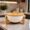 Ceramic Ribbed Serving Bowl with Bamboo Lid & Wooden Stand 1 Premium Ribbed Ceramic Serving Bowl with Natural Bamboo Lid and Wooden Stand for Salads, Fruits and Snacks