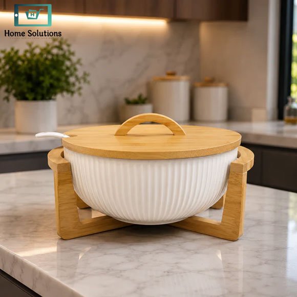 Ceramic Ribbed Serving Bowl with Bamboo Lid & Wooden Stand 3 Premium Ribbed Ceramic Serving Bowl with Natural Bamboo Lid and Wooden Stand for Salads, Fruits and Snacks
