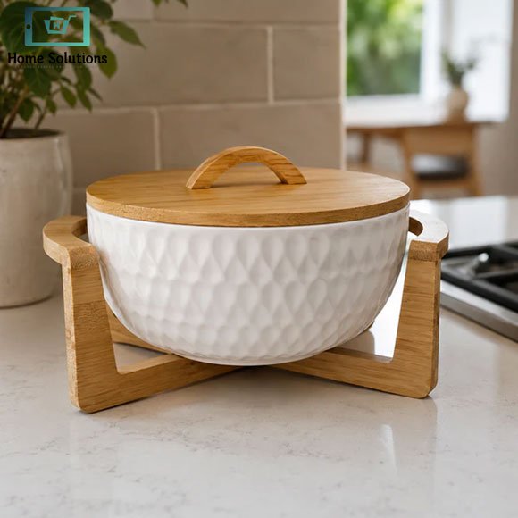 Modern Hammered Ceramic Serving Bowl with Wooden Lid & Stand 2 Premium Ribbed Ceramic Serving Bowl with Natural Bamboo Lid and Wooden Stand for Salads, Fruits and Snacks