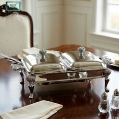 Elegant 3 Liter Stainless Steel Double Slot Chafing Dish with Mirror Finish, Decorative Stand and Lid for Buffet Serving