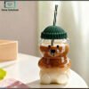 Teddy Bear Shaped Glass Cup with Straw 1 Cute Teddy Bear Shaped Glass Cup with Lid and Reusable Straw