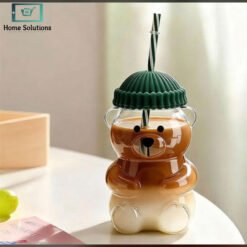 Cute Teddy Bear Shaped Glass Cup with Lid and Reusable Straw