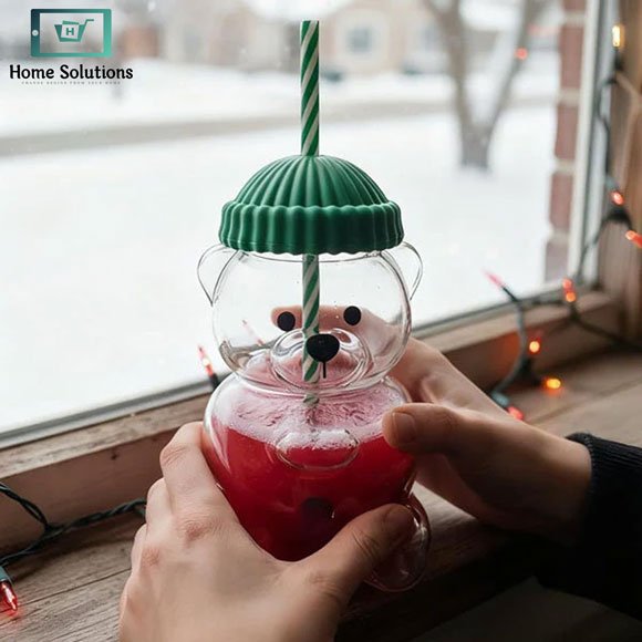 Teddy Bear Shaped Glass Cup with Straw 4 Teddy Bear Shaped Glass Cup with Straw - Image 3