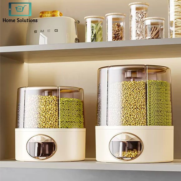 Rotating Multi-Grain Storage Dispenser 2 Rotating multi-grain storage dispenser with airtight compartments