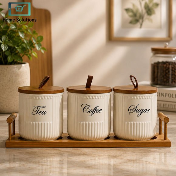 Premium Ceramic Jar Set 3 Pieces with Wooden Stand 2 Premium Ceramic Tea Sugar Coffee Jar Set with Wooden Stand and Wooden Lids for Kitchen Countertop Storage