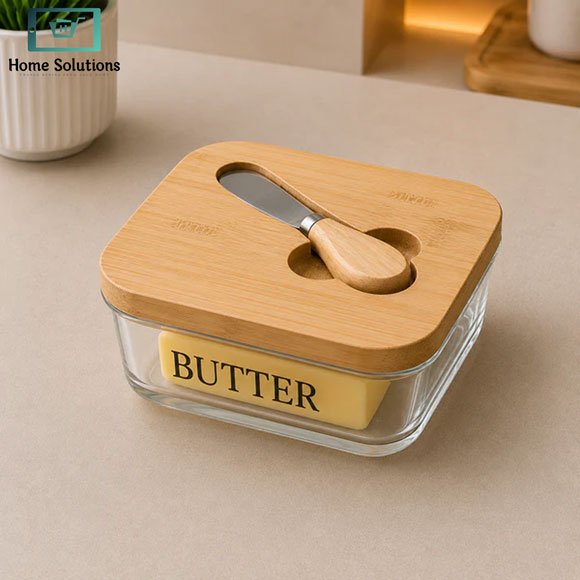 Premium Glass Butter Dish with Wooden Lid & Butter Knife 3 Premium Glass Butter Dish with Wooden Lid & Butter Knife