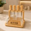 Premium Bamboo Butter Dish Set with Glass Cover & 4 Butter Knives 1 Premium Bamboo Butter Dish Set with Glass Cover, Built-In Knife Stand and 4 Stainless Steel Butter Knives