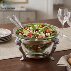 Premium Crystal Glass Serving Bowl with Ornate Silver Stand and Two Decorative Serving Spoons