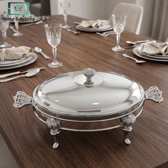 Luxury Stainless Steel Chafing Dish 3 Liter 3 Luxury 3 Liter Stainless Steel Chafing Dish with Mirror Finish, Ornate Stand, Lid and Dual Buffet Burner Holders