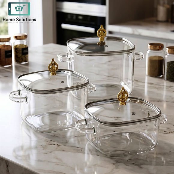 Premium Square Glass Cooking Pots with Lid 3 Premium Square Glass Cooking Pot with Heat Resistant Glass Lid and Gold Knob