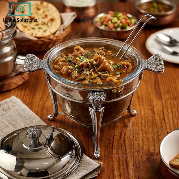 Elegant Stainless Steel & Glass Chafing Dish with Buffet Burner 4 Elegant Stainless Steel & Glass Chafing Dish with Buffet Burner - Image 2