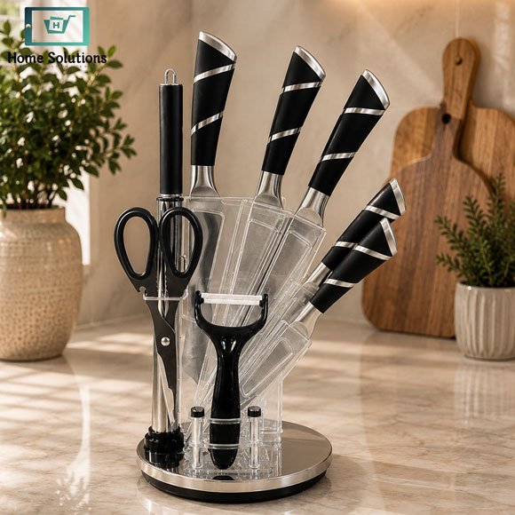 Stainless Steel Kitchen Knife Set 9-Piece 2 Stainless Steel Kitchen Knife Set 9 Piece with Rotating Acrylic Stand Black Handle